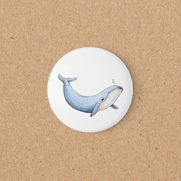 Blue whale illustration round white magnet, nautical ocean animal design.