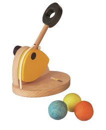Wooden toy catapult with colorful balls for kids. Includes round, wooden catapult base in orange color and black rubber band. Comes with 4 small, colorful balls.