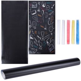 A large black chalkboard-style self-adhesive wall panel, measuring 45x200cm, with a variety of chalk-drawn icons and shapes including geometric patterns, office supplies, and other miscellaneous items. The product is suitable for use as a decorative chalkboard or message board in an office, home, or classroom setting.