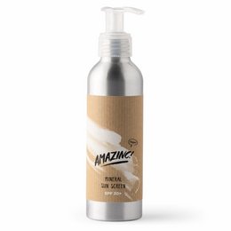 Mineral sunscreen SPF30 and SPF50, reef safe, vegan formula in 150ml pump bottles. Available in SPF30 and SPF50 variants, with and without applicator.