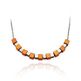 Orange necklace with rectangular beads in varying shades of orange.
