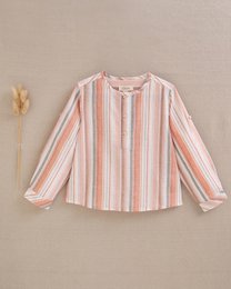 Boys' striped shirt in a mao collar style, available in sizes 3 years to 12 years. The shirt features a mix of pink, white, and blue vertical stripes.