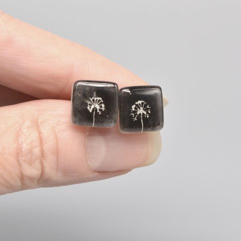 Dandelion button earrings, Black color, Glass and sterling silver
