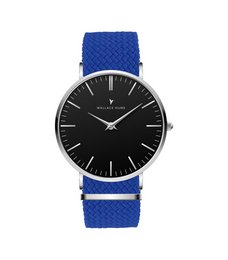 Sleek, minimalist watch with a black dial and blue nylon strap.