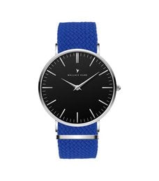 Sleek, minimalist watch with a black dial and blue nylon strap.