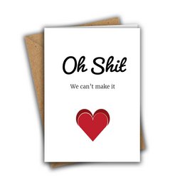 A wedding RSVP card with a playful and humorous message, featuring a red heart graphic.