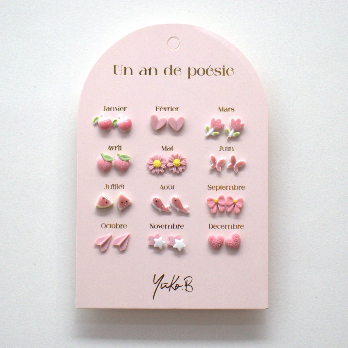 Coffret 12 Boucles d'Oreilles Céramique — Un An de Poésie rose