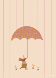  A colorful poster featuring a rabbit holding a polka dot umbrella, surrounded by falling leaves. The poster has a warm, whimsical style suitable for a child's room.