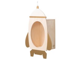 A white and gold rocket-shaped shelf with a natural wood interior, designed for children's rooms.
