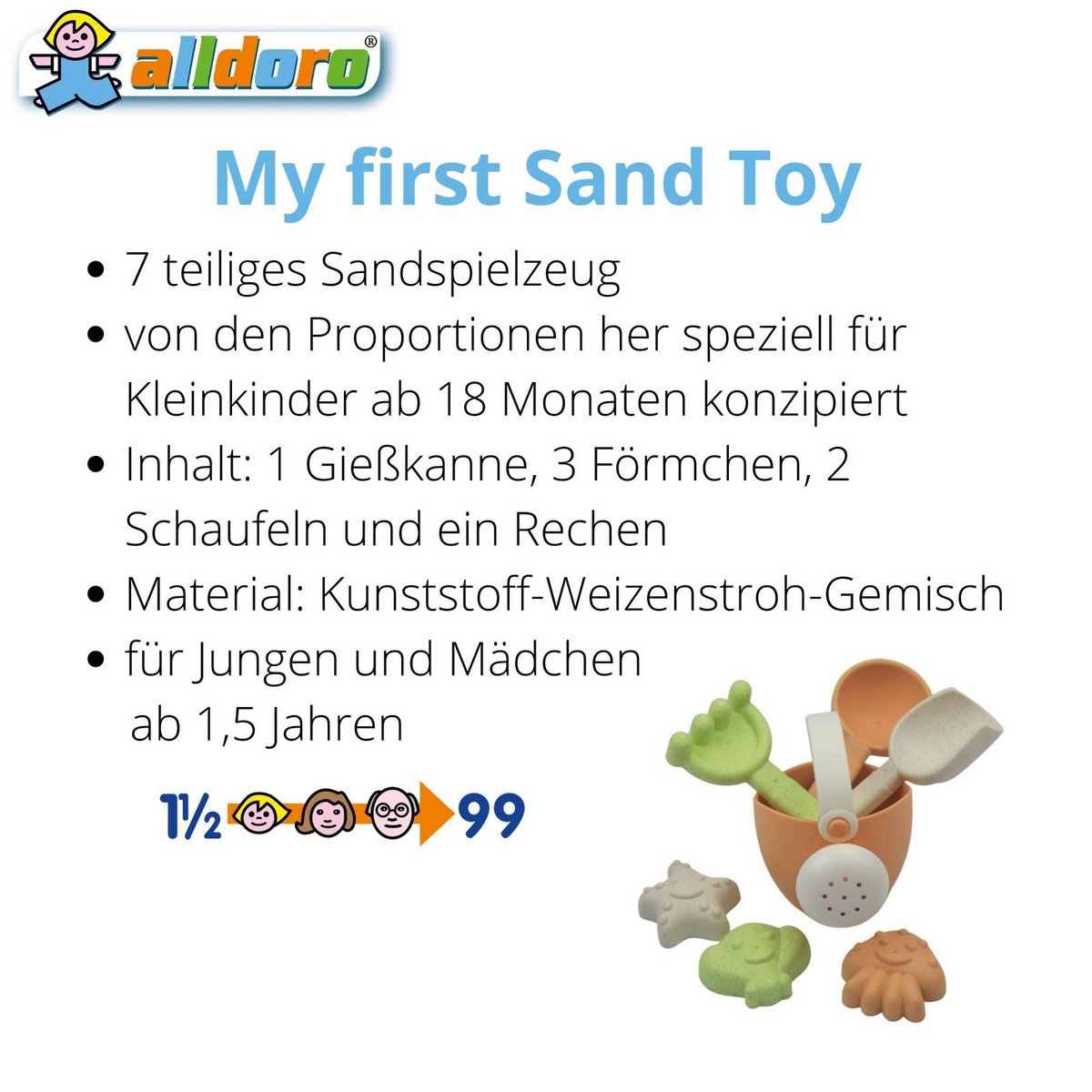 Il mio primo giocattolo di sabbia per bambini, 7 pezzi. Mini set da gioco con la sabbia con annaffiatoio, mix di paglia di grano in plastica