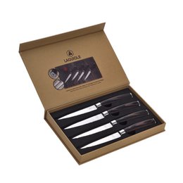 LAGUIOLE, sæt med 4 bøfknive, skarpe knive, udskæringsknive, bordbestik, klinge i rustfrit stål, Pakka træskaft, brun