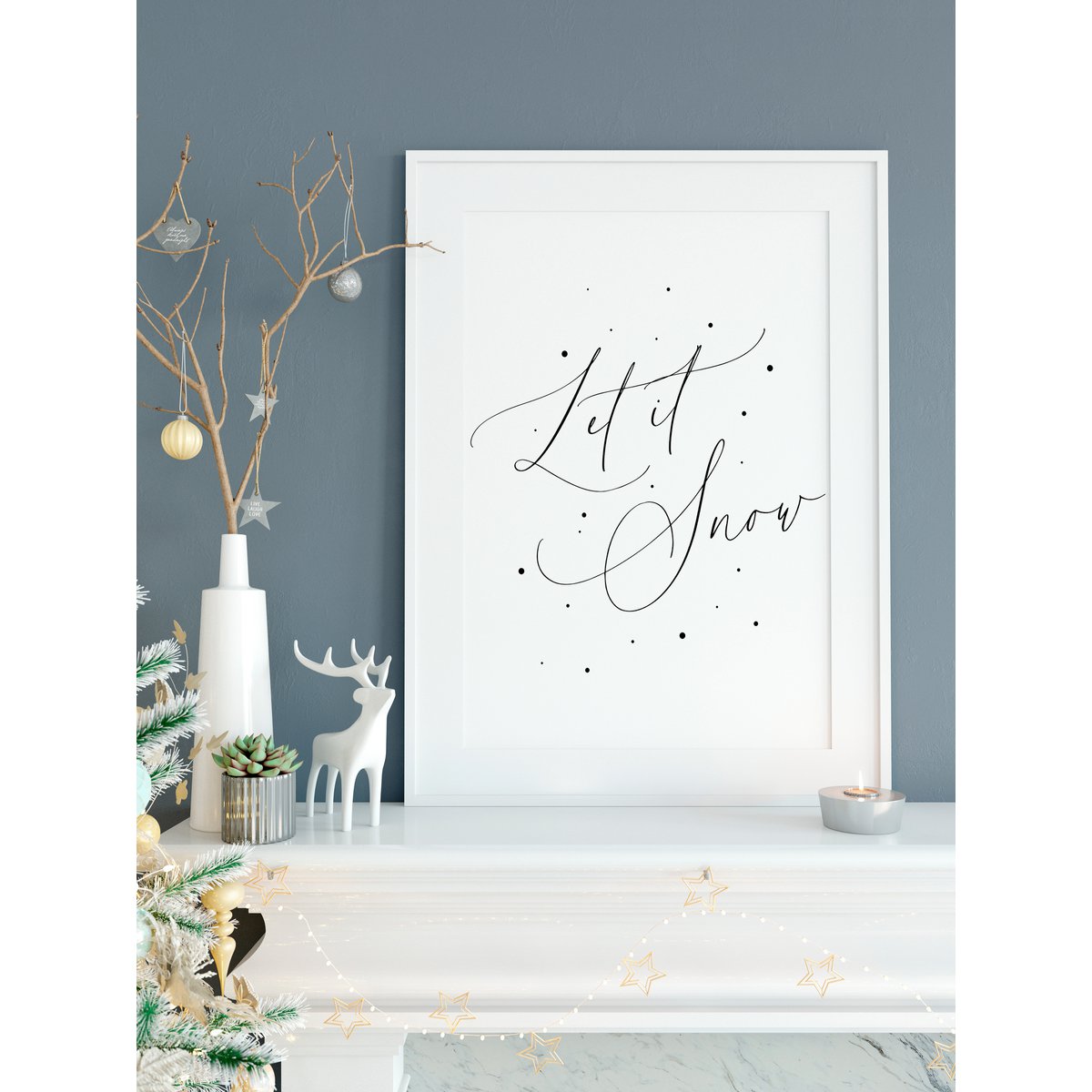 Kerst poster Let it snow, Kerst print sneeuwvlokken