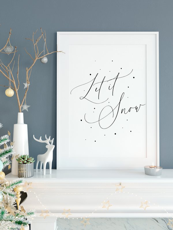 Kerst poster Let it snow, Kerst print sneeuwvlokken