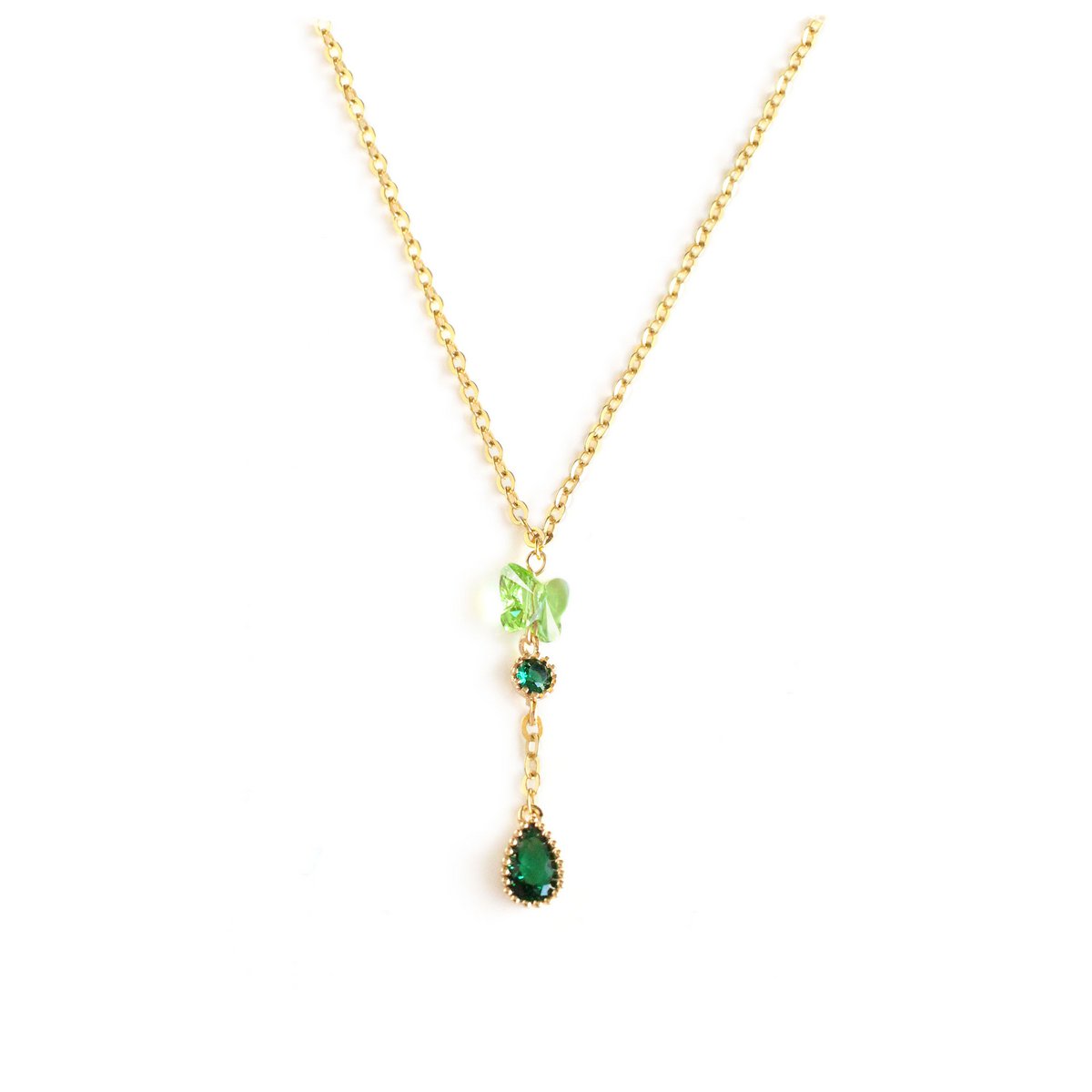 Peridot green crystal butterfly and Emerald drop necklace