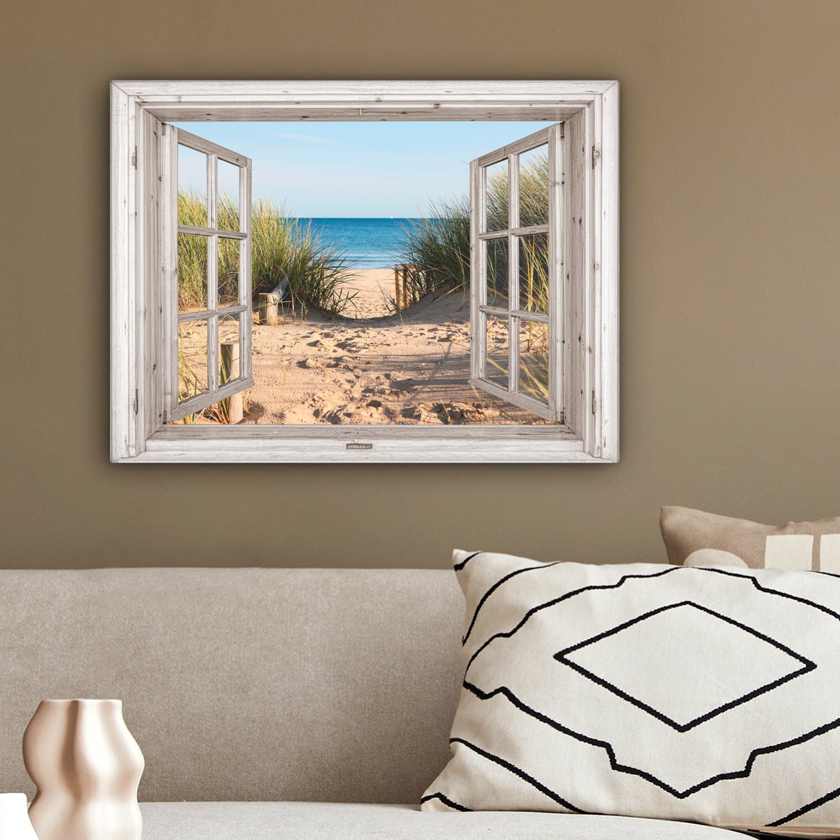 Canvas schilderij  - Wanddecoratie - Doorkijk - Strand - Zee - Duinen - Zand - Water - Helmgras