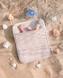 Beach-themed transparent iPad sleeve with seashell pattern, blue accents, sand-colored design, portable tablet organizer.