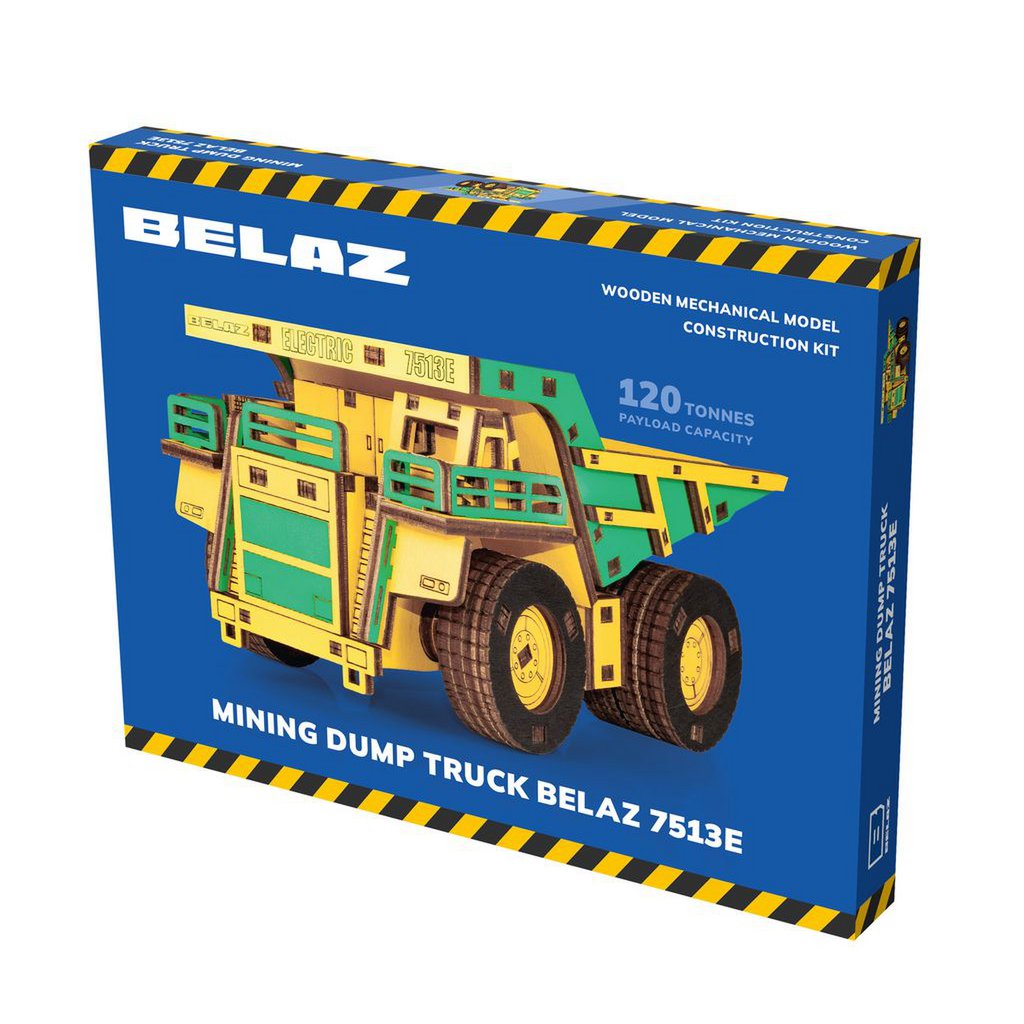 Eco Wood Art (EWA) 3D-Puzzle aus mechanischem Holz, Bergbau-Muldenkipper Belaz-7513E, 4219, Farbe Gelb und Grün, 17 x 10 x 9 cm