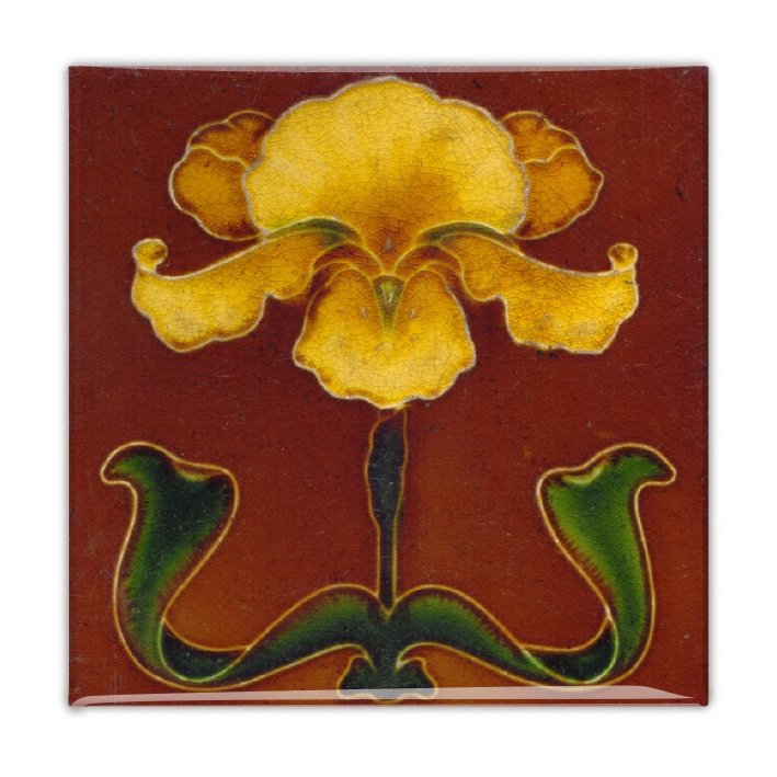 Køleskabsmagnet, jugendflise, gul blomst på brun