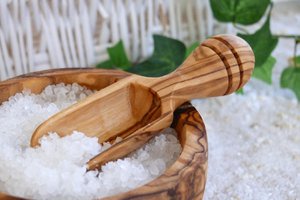 Salt box with lid including salt shovel, olive wood