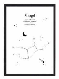 Virgo zodiac sign poster featuring a minimalist constellation design. Available in A3 and A4 sizes.