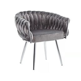 Plush gray velvet office chair with tufted backrest and chrome frame. Comfortable and stylish seating for home or office use.