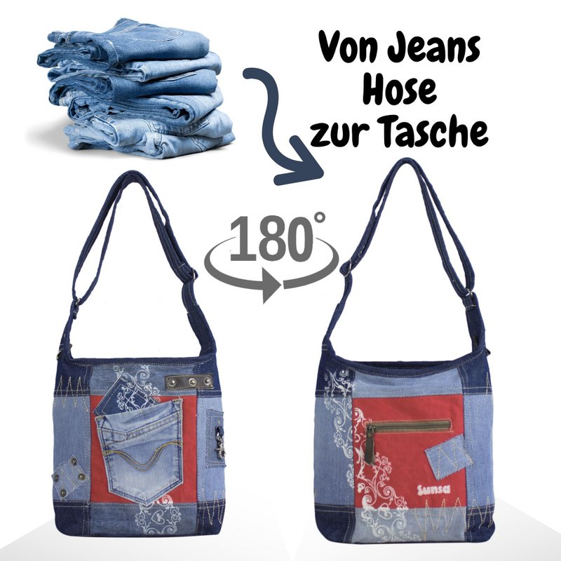Sunsa dames schoudertas. Schoudertas gemaakt van upcycled jeans en canvas. Handtas vintage retro-stijl. Crossbodytas voor dames.