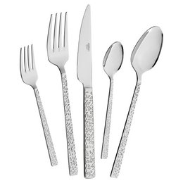 Silver cutlery set with textured handles, forks, knives, spoons, elegant formal dining flatware.