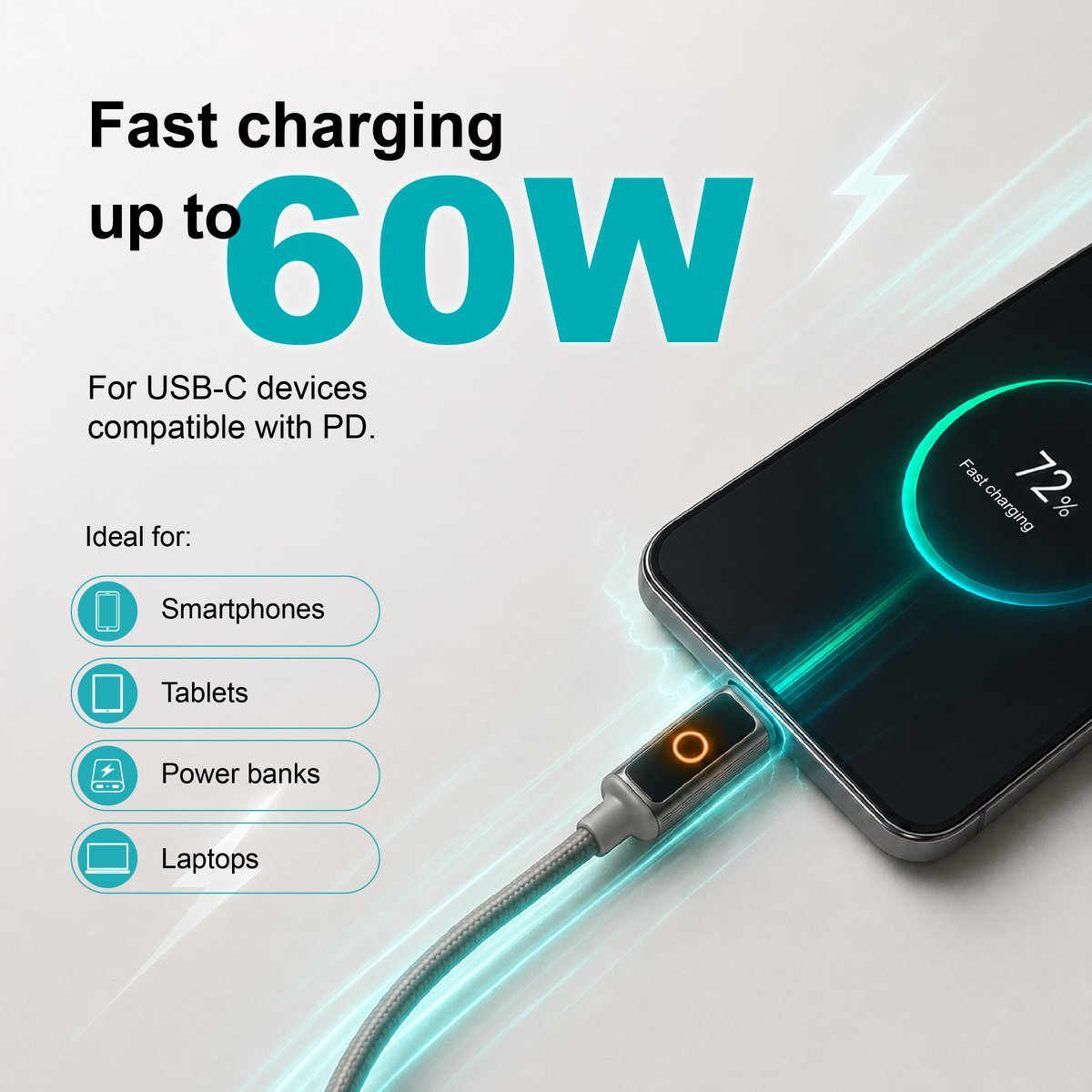 Cable NOVOTECK S-143 USB-C a USB-C: carga rápida de 60 W, 1 m, indicador LED y transferencia de datos