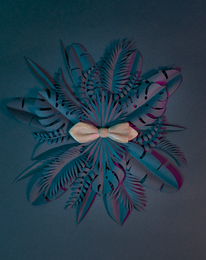 Teal and pink bow tie with tropical leaf pattern.