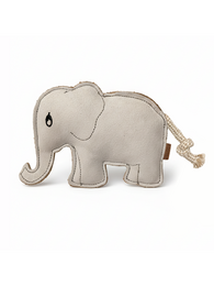 Plush gray elephant-shaped dog toy with rope handle. Soft, durable, and designed for pet play.
