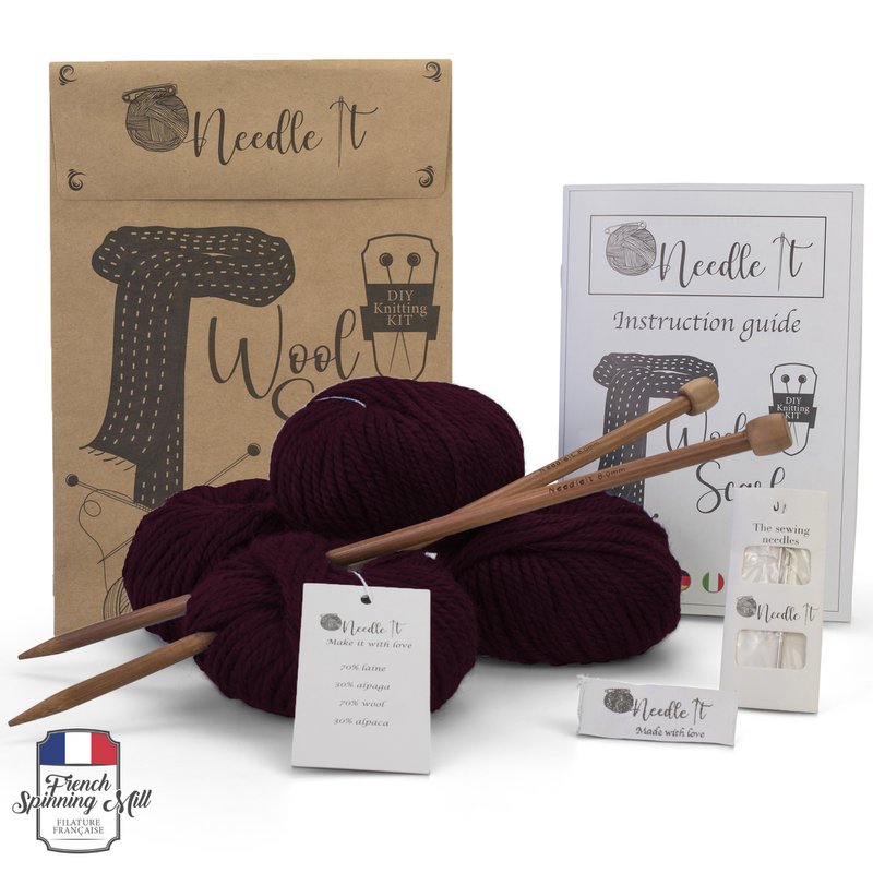 NEEDLE IT® Kit de Tejer para Adultos Principiantes Completo con Agujas de Tejer - Bufanda de Lana para Tejer DIY - Idea de Regalo (Bordeaux)
