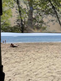  "Black large beach parasol, UPF50+ sun protection, outdoor terrace umbrella, forest green canopy"
