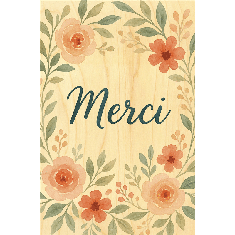CARTE POSTALE BOIS / MERCI FLEURS PASTEL