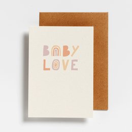 Pastel-colored postcard with the text "BABY LOVE" in a whimsical font, suitable for baby showers, new parents, or celebrating a newborn.