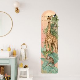 Tall, wooden wall sticker with a safari-themed design featuring a giraffe, tropical plants, and a sun. Suitable for decorating a child's room or nursery.