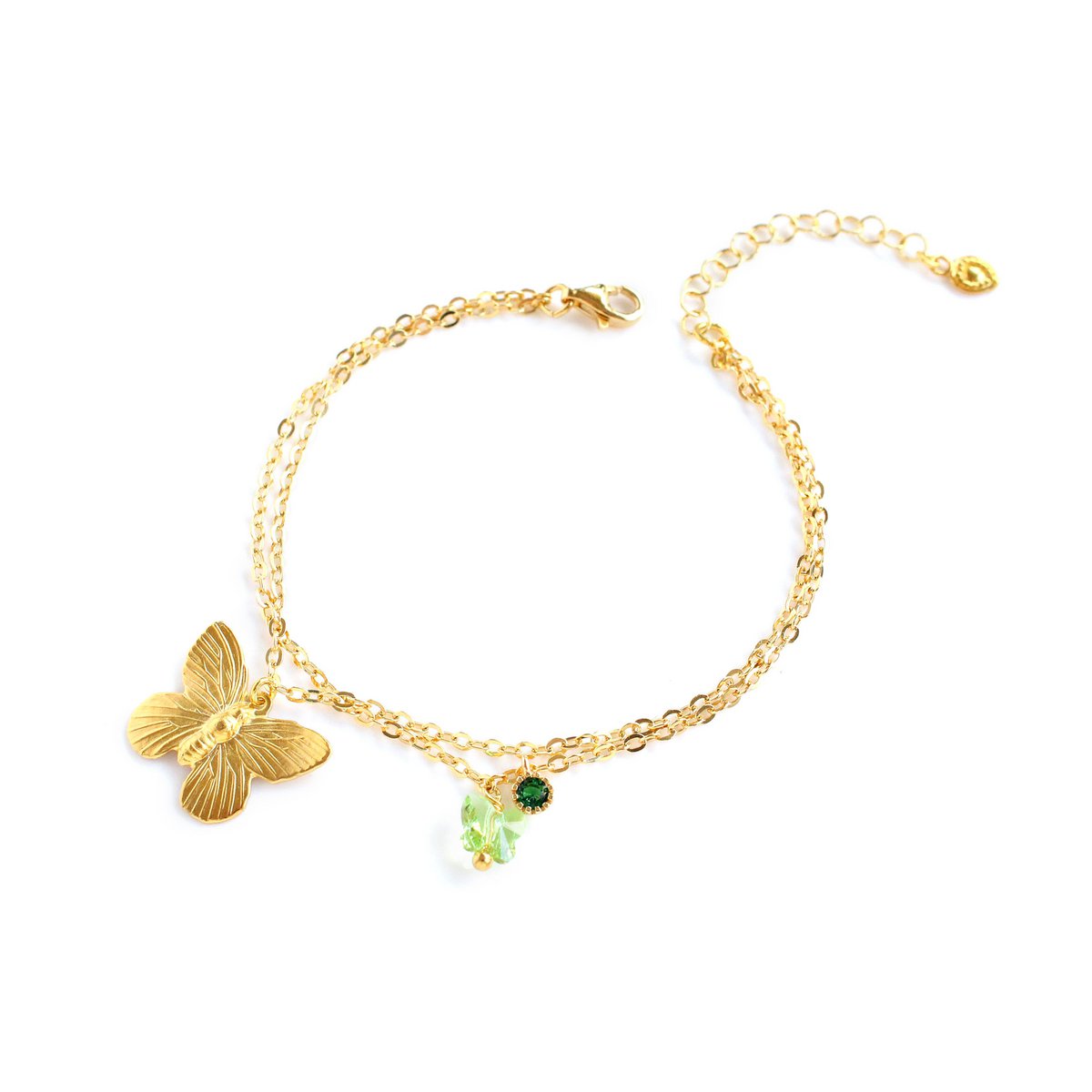 18K gold plated double chain butterfly and Emerald bracelet