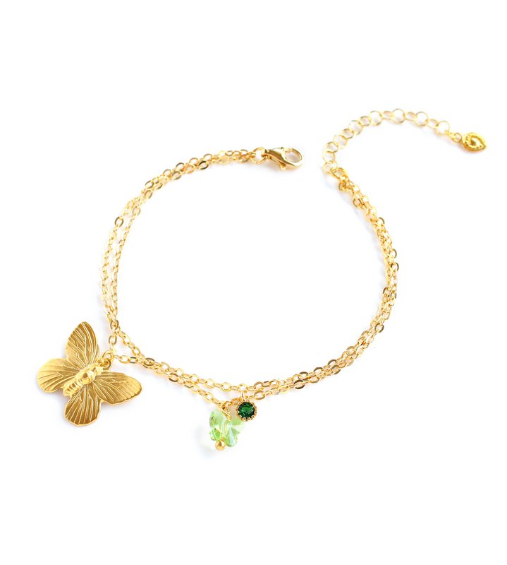 18K gold plated double chain butterfly and Emerald bracelet