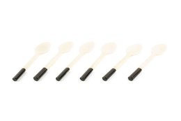 Set van 6 theelepels van wit been, zwart handvat in hoorn