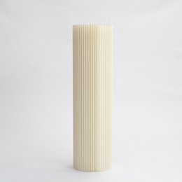 Tall, cylindrical white pillar display table with a minimalist, modern design. Suitable for use as a side table or accent piece in a variety of interior styles.