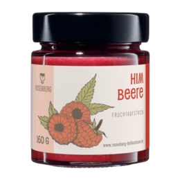 Organic raspberry jam in 220g, 160g, and 113g jars. Rich, sweet flavor with a vibrant red color.