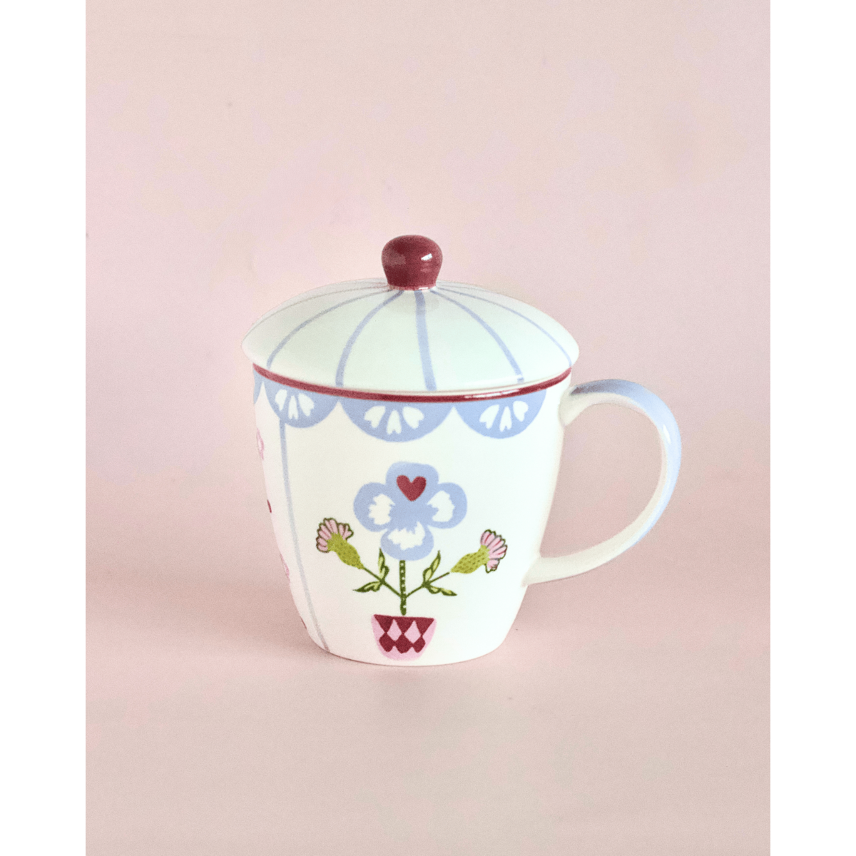 Handpainted Ceramic Coffee Mug With Lid - Floral Pattern, 385ml