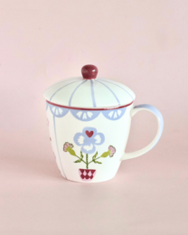 Handpainted Ceramic Coffee Mug With Lid - Floral Pattern, 385ml