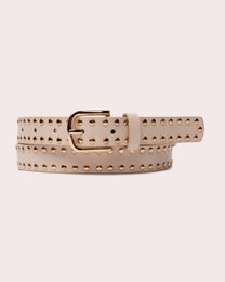 Gilded edge leather belt with gold buckle, studded design, available in black and white, multiple sizes.