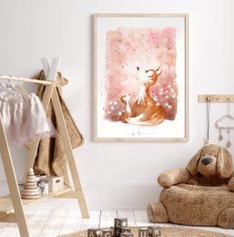 A whimsical poster featuring a deer-like creature surrounded by pink flowers and butterflies, creating a charming and enchanting scene for a child's room.