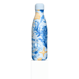  Reusable water bottle with a blue and white floral design, featuring starfish and other marine life elements. The bottle is made of stainless steel and is 25 oz in capacity.