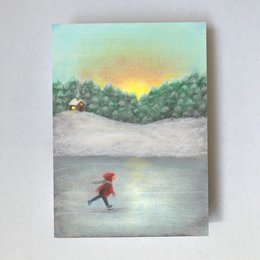 A winter landscape with a person ice skating on a frozen lake, surrounded by snowy hills and a colorful sky. The image suggests a whimsical, fairytale-like scene.