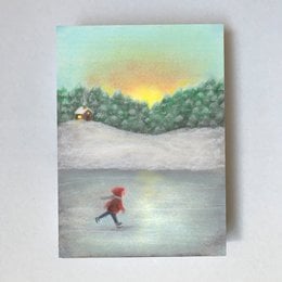 A winter landscape with a person ice skating on a frozen lake, surrounded by snowy hills and a colorful sky. The image suggests a whimsical, fairytale-like scene.