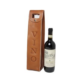  Leather wine holder in a colonial style, designed to hold a single wine bottle. The holder is made of high-quality leather and features the word "VINO" embossed on the front.