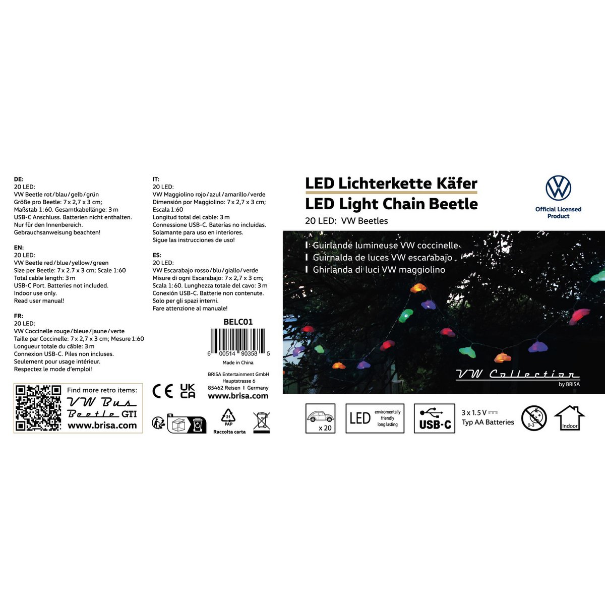 Volkswagen VW Beetle 3D-Lichterkette, 3 m, 20 x LED – mehrfarbig