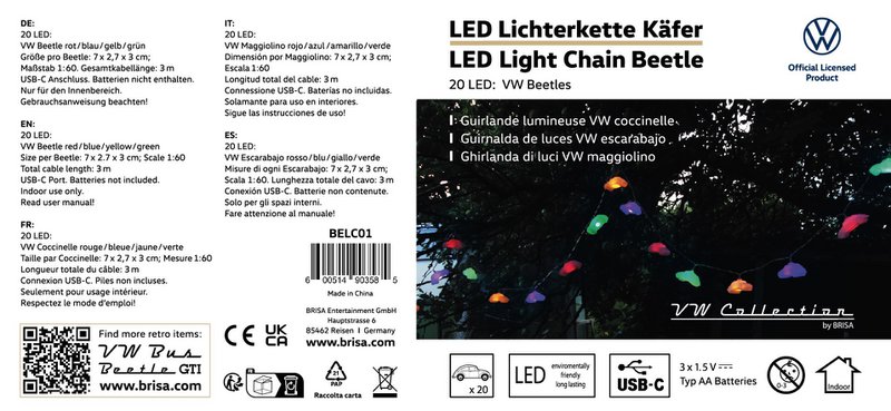 Volkswagen VW Beetle Guirlande Lumineuse 3D 3m, 20 x LED - Multicolore